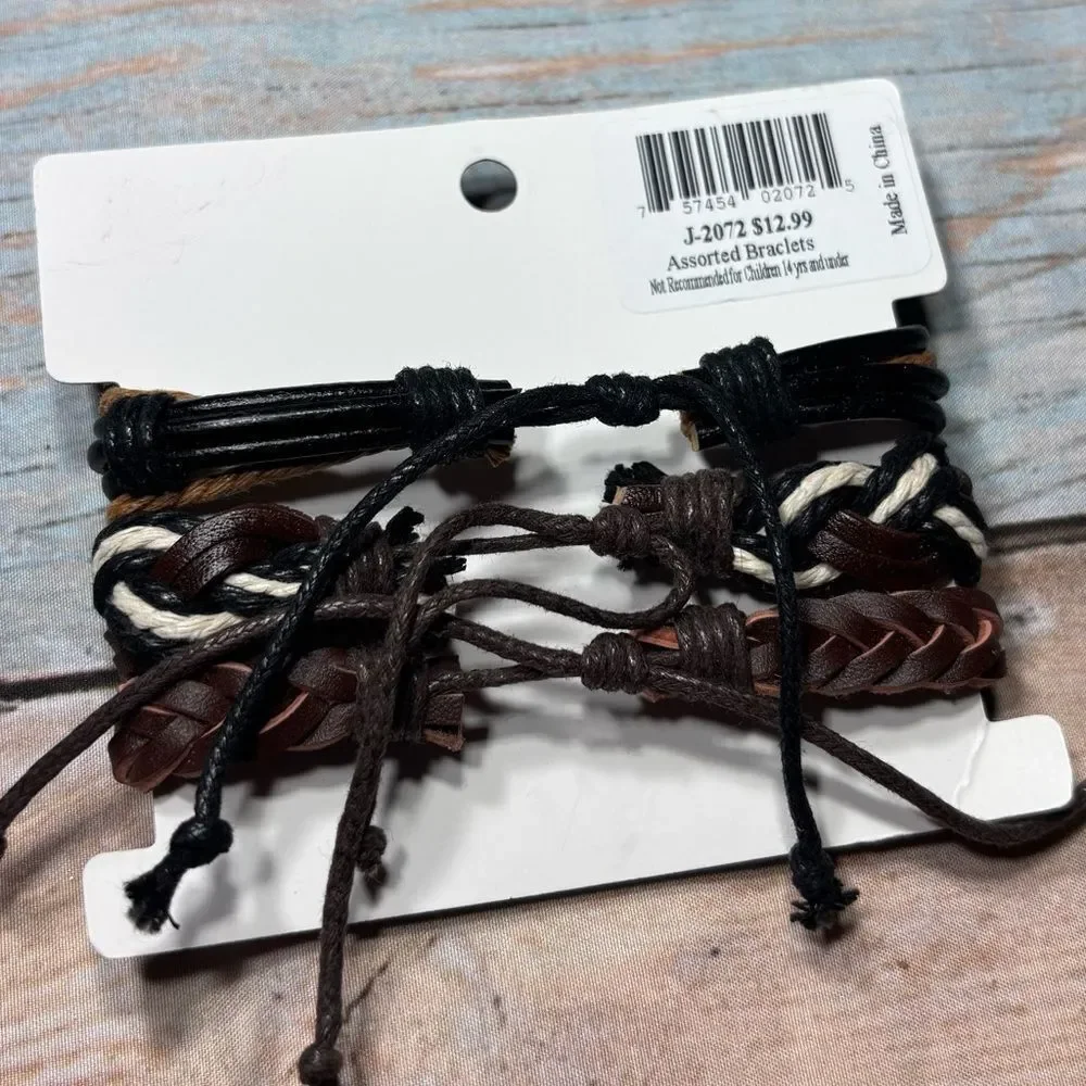 New Charming Shark 3 Braided Leather & Cord Bracelet Set - Brown, Black, Cream